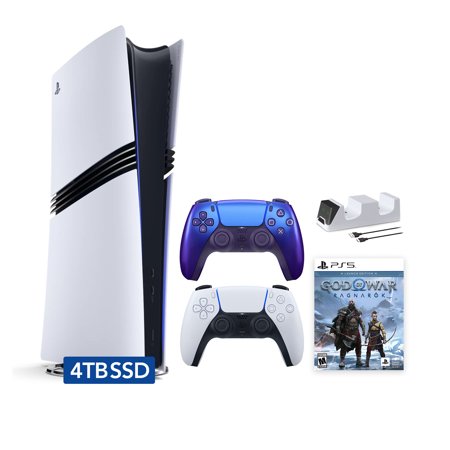 PlayStation 5 Pro 4TB SSD Digital Console God of War Bundle with Two Controllers, White and Chroma Indigo DualSense and Mytrix Dual Controller Charger - Flagship PS5 Pro Console