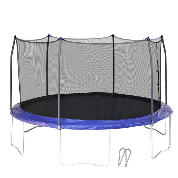 SKYWALKER TRAMPOLINES 14 FT, Round, Bright Blue Outdoor Trampoline for Kids with Safety Enclosure Net and Spring Pad, ASTM Approval, Rust Resistant, 4-Pack, Heavy Duty, Wind Stakes