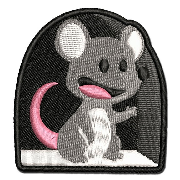 Mouse Waving From Hole Applique Multi-Color Embroidered Iron-On Patch - 2.5 Inch Small