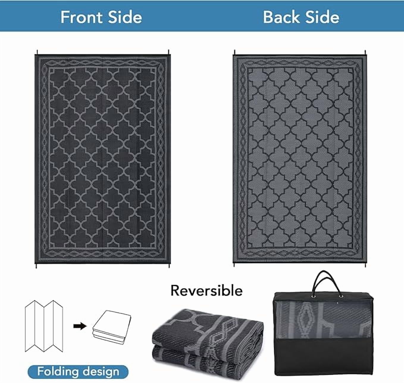 Outdoor Rug 10x14 Reversible Mats, Plastic Straw Rug, Large Floor Mat and Rug for Outdoors, Modern Area Rug, Patio, Backyard, Deck, Picnic, Beach, Trailer, Camping, Black/Grey(Geometric)