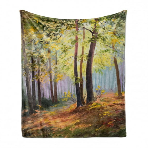Country Soft Flannel Fleece Blanket, Image of Spring Landscape in Forest with Falling Leaf and Various Trees Mod Print, Cozy Plush for Indoor and Outdoor Use, 50" x 60", Brown Green, by Ambesonne