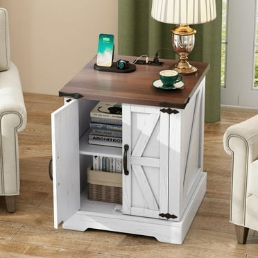 MAYEERTY 19.6"W Rustic Walnut Farmhouse End Table with Charging Station & Adjustable Shelf, White