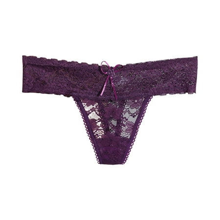 OJSFQUFP Panty for Women Purple Women s Sexy Lace Bow Hollow Lace Briefs Soft Stretch Bikini Underwears Breathable Comfortable Hipster Panties L
