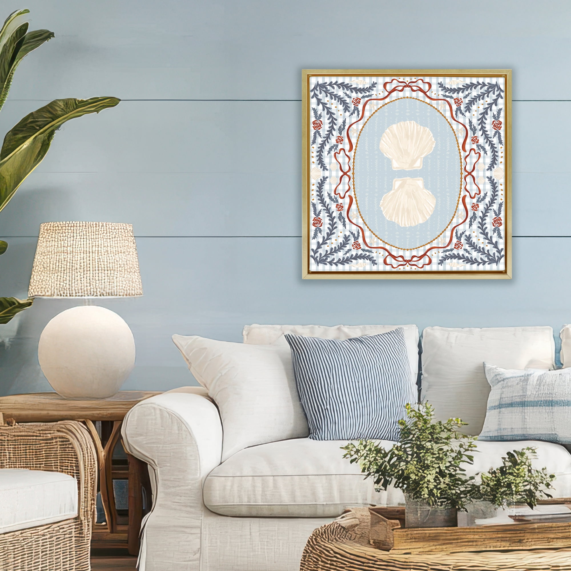 Stupell Industries Shells Portrait on Gingham Gold Framed Floater Canvas Wall Art, design by Vero Illustrates