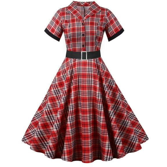 Brglopf Plaid Cocktail Party Dress for Women's Lapel V Neck Button Down 50s 60s Vintage Dress 1950s Retro Hepburn A-Line Swing Tea Dresses Red S