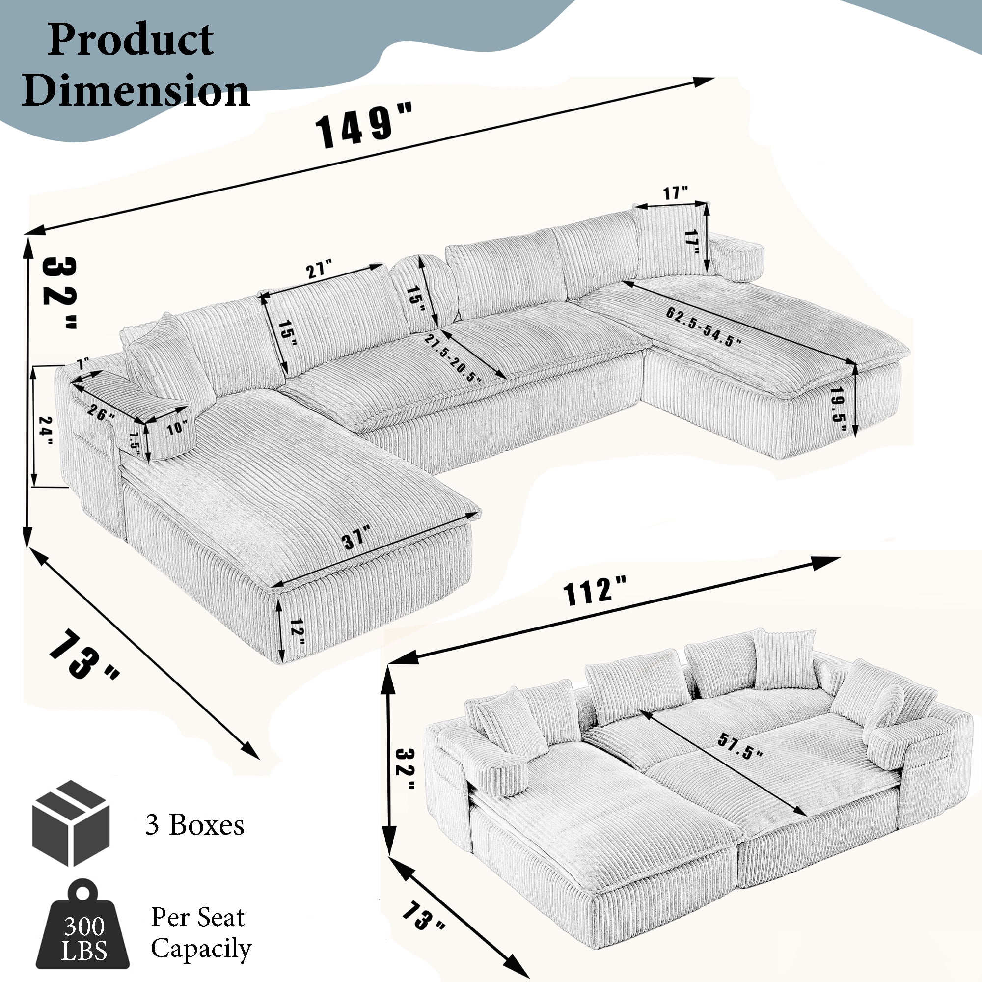 Howcool 149"W Oversized Modular Sectional Sofa,7-in-1 Corduroy U Shaped Sofa Couch with Double Chaise Lounge,Convertible Sleeper Sofa Bed,Deep Seat Cloud Couch for Living Room,Black