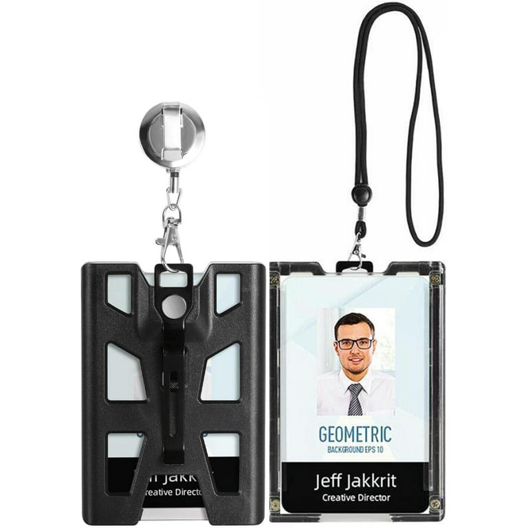 Badge Holder ID Card Holder with Lanyard Reel Clip, Retractable Thick Hard  Plastic Credit Holders, Heavy Duty Vertical Wallet with 4 Cards Slots for