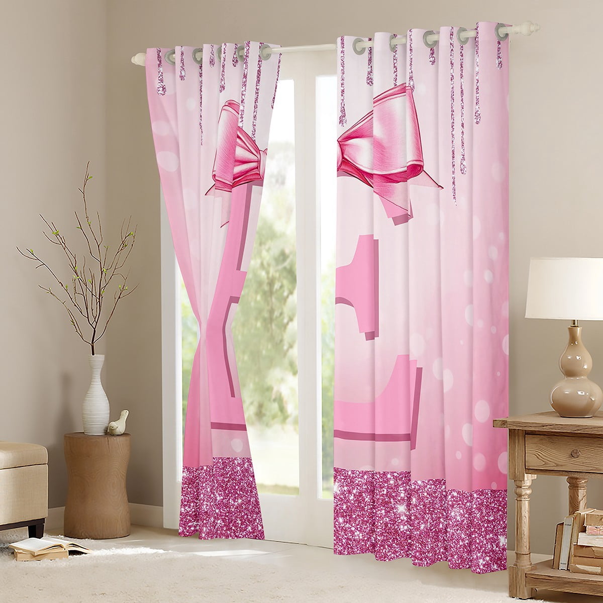 jejeloiu Monogrammed E Curtains Pack of 2 (42x84 Each),Cute Girls Bowtie Curtains Blackout,Pink Glitter Print Bedroom Curtains For Child,Microfiber Room Decorative