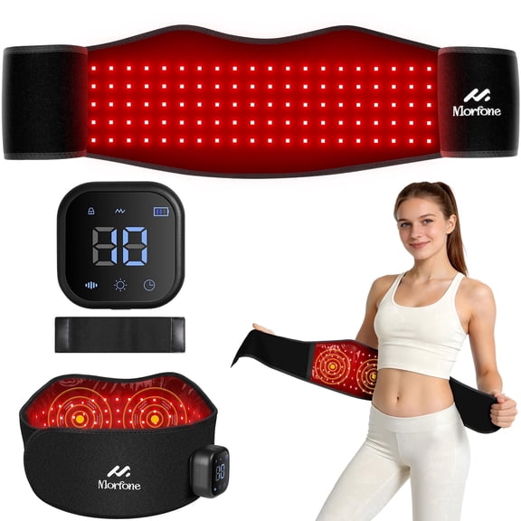 Morfone Cordless Red Light Belt with 3 Heat & 4 Vibration Massage, 660nm & 850n Infrared Red Light Back Massager Belt, Heating Pad for Back Waist Shoulder Leg Knee