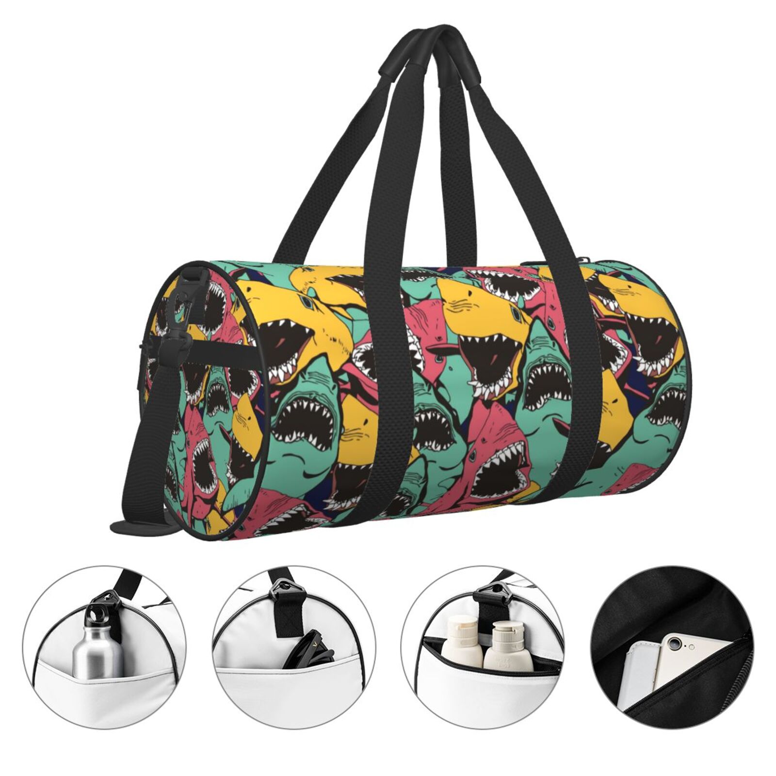 Vsdgher Angry Shark Pattern 45L Foldable Duffel Bag, Sports Gym Bag,Overnight Bag, Portable Weekender Bag for Airplanes