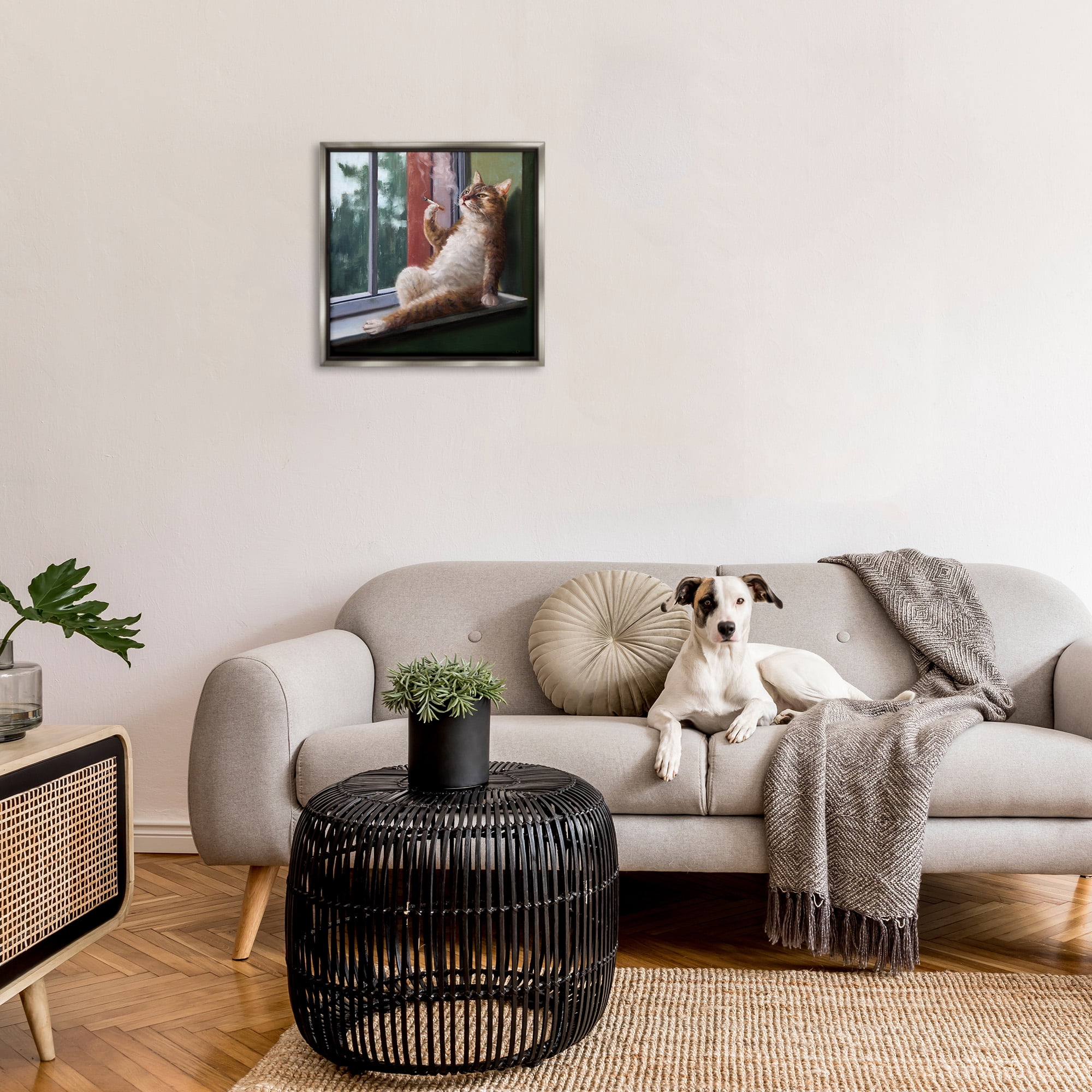 Stupell Industries Cat Smoking Lounging in Window Animals & Insects Painting Gray Floater Framed Canvas Art Print Wall Art, 25 x 25