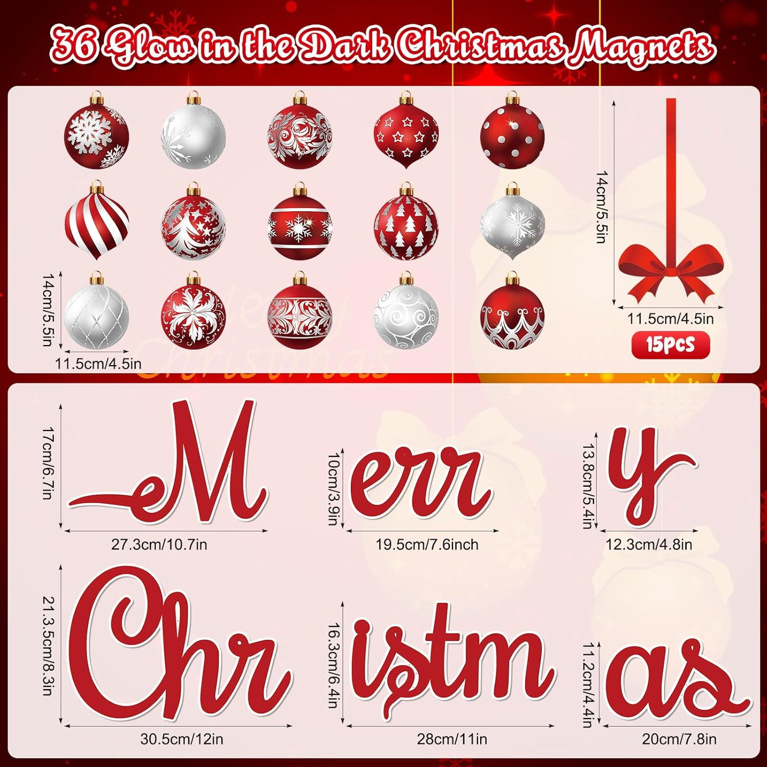 CozyNestFinds 36 Pcs Christmas Garage Door Magnets Decorations, Glow in The Dark Xmas Ball Garage Door Decorations, Merry Christmas Magnets for Refrigerator Fridge Kitchen Car Indoor Outdoor Decor