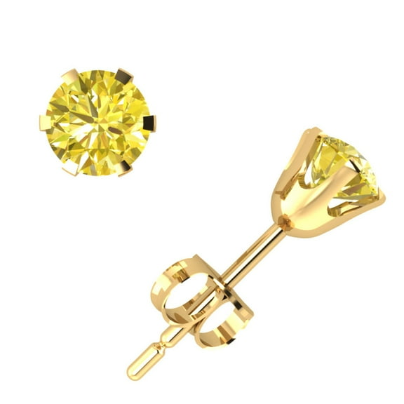 Real 0.75Ct Round Cut Yellow Diamond Solitaire Stud Earrings 14k Yellow Gold 6Prong SI2