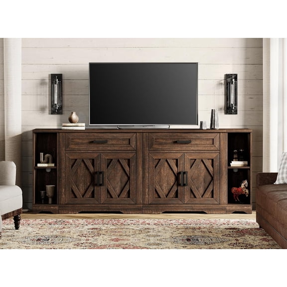 WAMPAT 82.7"W TV Stand for up to 80" TVs,Farmhouse Entertainment Center with Storage Barn Door Cabinet,TV Console Table with Media Cabinet and Drawers for Living Room,Bedroom,Rustic Brown