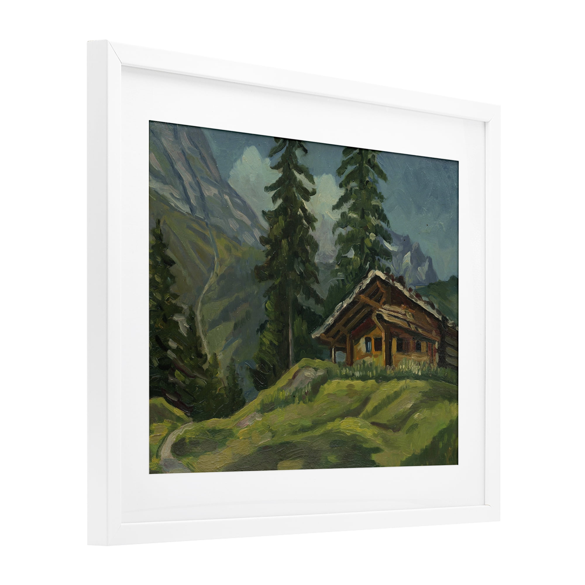 Cabin At Base Of Mountain White Framed Print Under Glass, design by Lettered and Lined