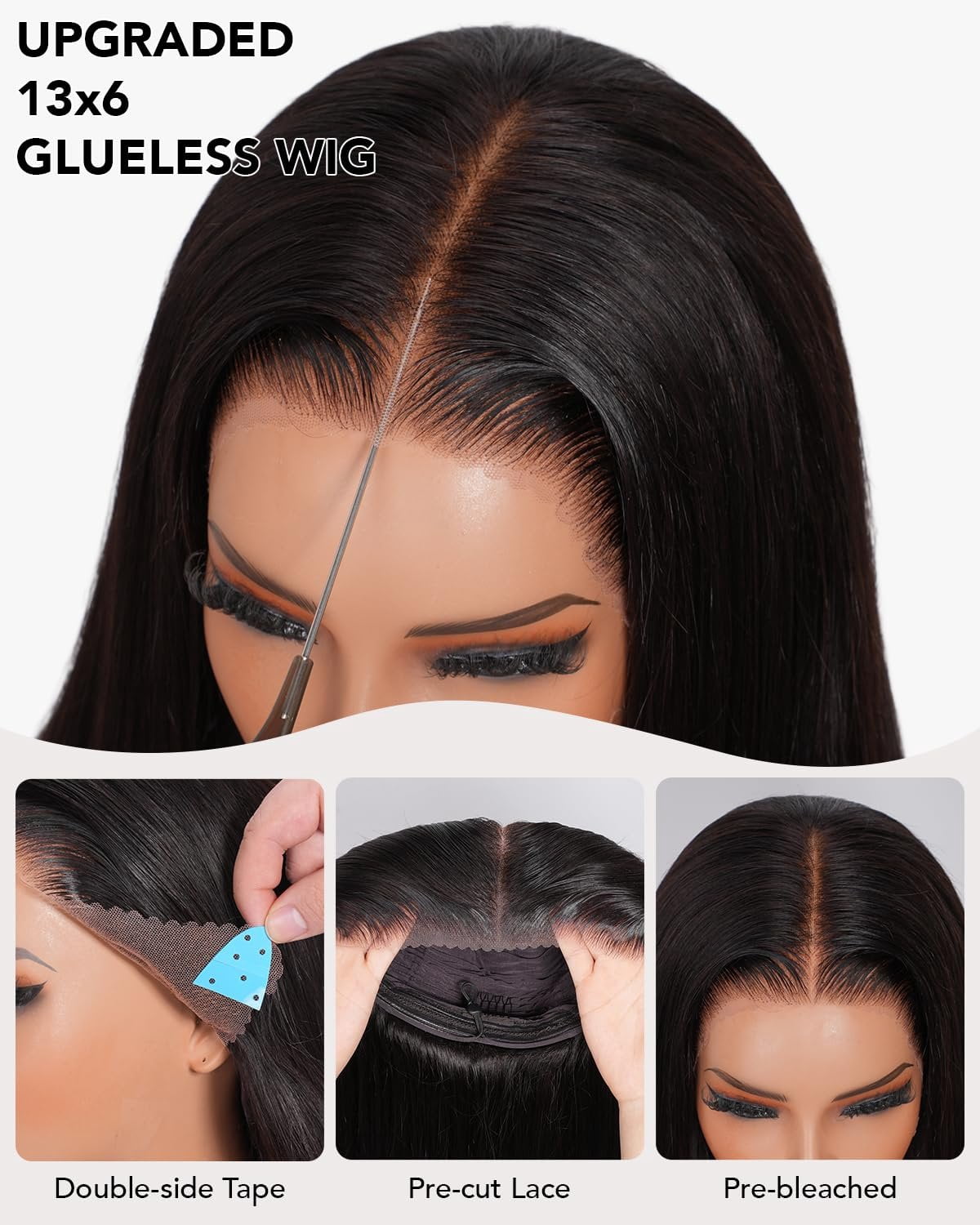 13x6 Wear and Go Glueless Wigs Human Hair Pre Plucked Pre Cut Upgrade Straight Invisible Drawstring Wig with Lace Tapes 200 Density  Frontal Human Hair Wigs for Women