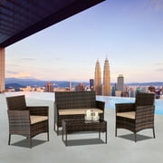 4 Piece Outdoor Patio Furniture Set, PE Rattan Wicker Chair Set, Sectional Furniture Bistro Set with Cushions and Tea Table, Wicker Conversation Set for Backyard Lawn Porch Garden Poolside, B428