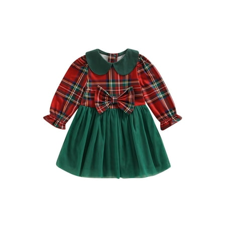 

Toddler Baby Girl Christmas Dress Plaid Print Ruffle Long Sleeve A-line Princess Dresses