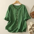 thumbnail image 2 of DeHolifer T-Shirts for Women Plus Size Cotton Linen Half Ruffle Sleeve Embroidered Crewneck Casual Loose T-Shirts Green XL, 2 of 7