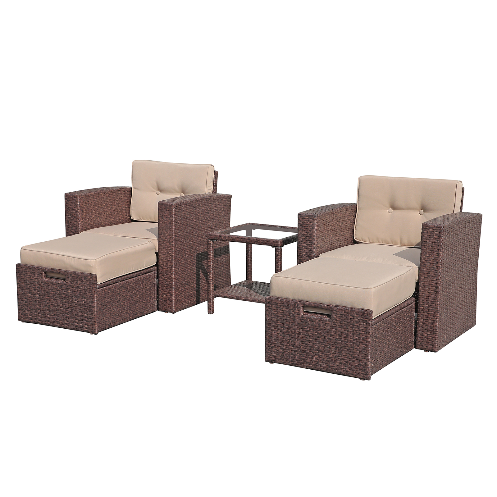 JOIVI 5 Pieces Patio Furniture Set, Outdoor Brown PE Rattan Wicker Patio Conversation Set, Lounge Chairs with Cushioned Ottoman and Tempered Glass Side Table - image 5 of 9