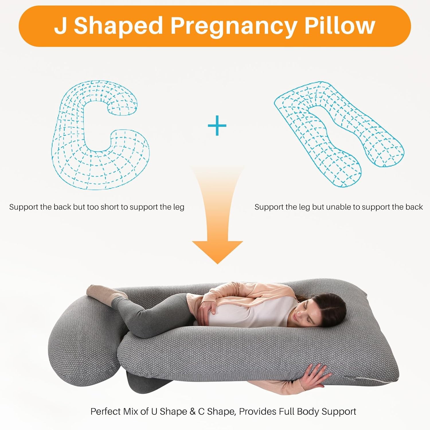 SHANNA J-Shape Pregnancy Pillow Full Body Maternity Pillow for Pregnant Women with Washable Cover for Back Belly Hips Legs Support, 57 * 27.5inch, Dark Gray