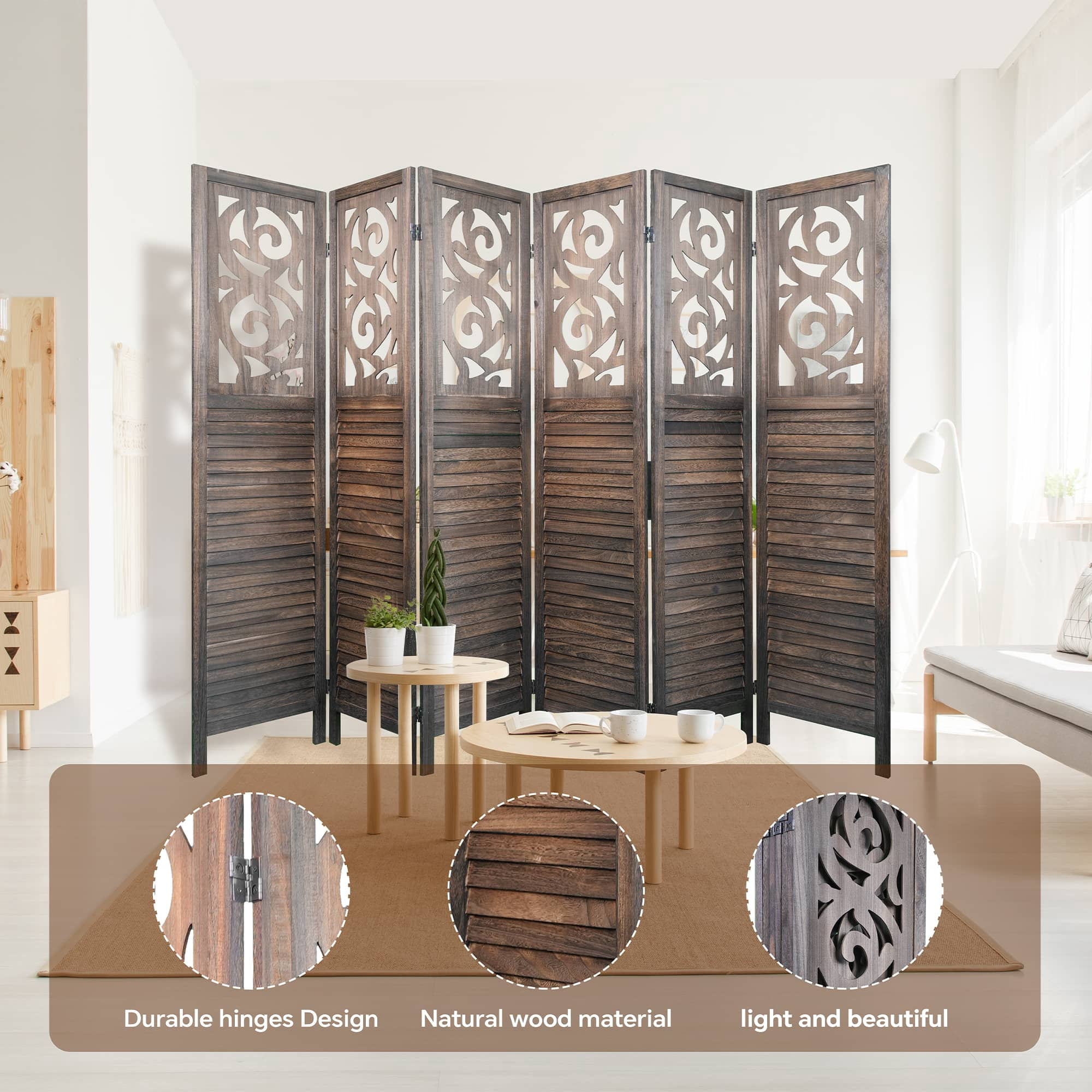 MAYEERTY 8 Panel Freestanding Room Dividers, 6FT Carved Wood Folding Privacy Screens, Rustic Brown