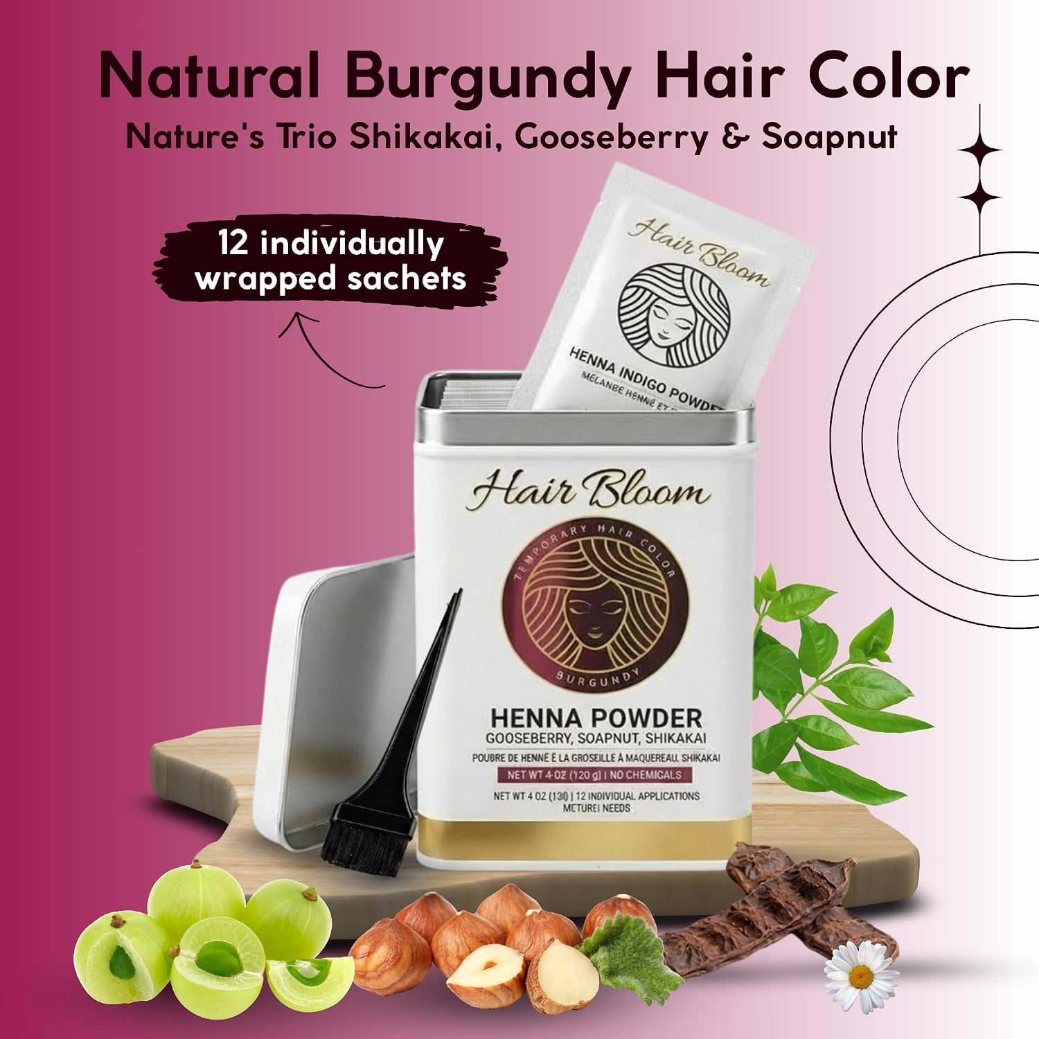 Pride Of India - Hair Bloom Natural Burgundy Hair Color- Herbal Henna Burgundy Hair Color| Net WT 120 GMS  Powder-12 Ct, 10 Gms Sachets-Reusable Brush And Tray Included- Shiny And Smooth