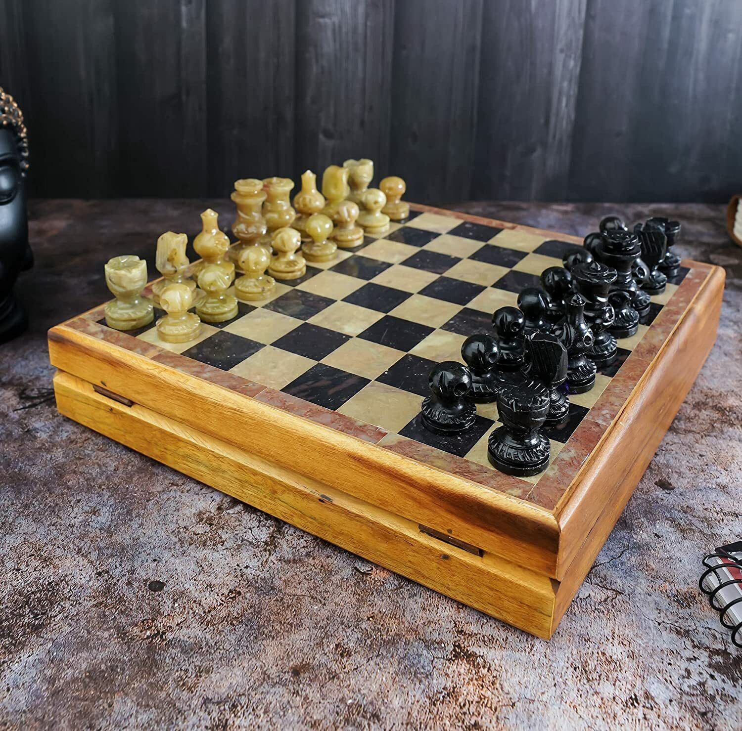 12" Wooden and Marble Chess Sets Handmade Chess Board Game Set Marble Piece