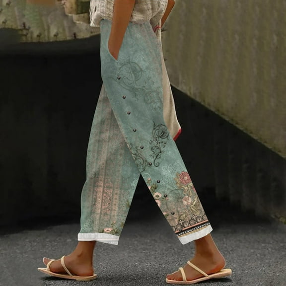 Green Womens Sweatpants Women's Elastic Belt with Pocket Trousers Side Cropped Pants Loose Casual Pants Printed Straight Pants Casual Pants Women