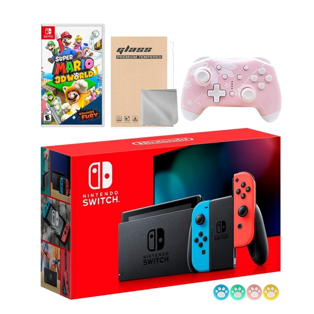 Nintendo Switch Neon Red Blue Joy-Con Console Set, Bundle With Super Mario 3D World + Bowser's Fury And Mytrix Wireless Pro Controller and Accessories Nintendo HADSKEAAA