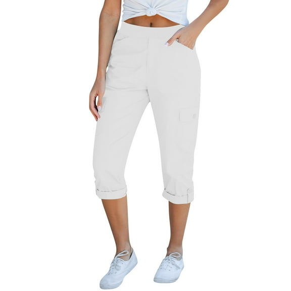 Mlzmgr Capri Cargo Pants for Women Elastic Waist 3/4 Length Pants with Multi Pockets Summer Outdoor Capri Pants