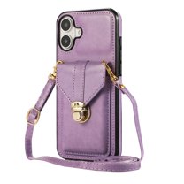 ELEHOLD Crossbody Wallet Case for iPhone 16,Back Credit Card Holder Metal Snap Luxury Purse Case with Shoulder Strap for Women Girls for iPhone 16,Purple
