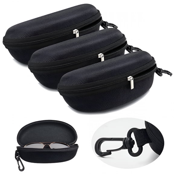LAMIRO Sunglasses Case Hard Shell for Large Eyeglasses,Portable Travel Carry Clam with Clip Metal Zipper 3 Pack,Black