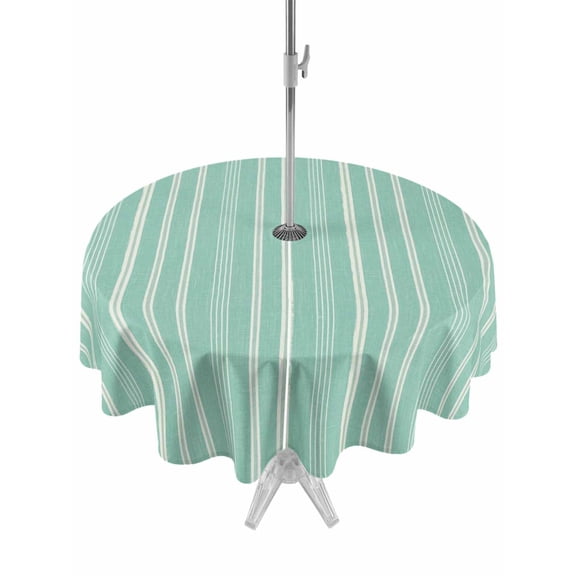 Outdoor Tablecloth with Umbrella Hole Zipper Teal Green Striped Round Tablecloth 54" Waterproof Outside Table Cloth Modern Farmhouse Art Stripes Patio Table Cover Tablecloths for Picnic Party