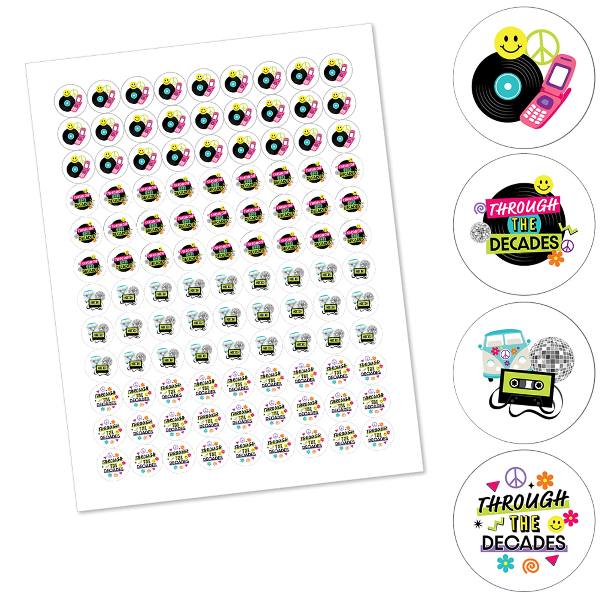 Big Dot of Happiness Through the Decades - Mini Candy Bar Wrapper Stickers  - 50s, 60s, 70s, 80s, and 90s Party Small Favors - 40 Count