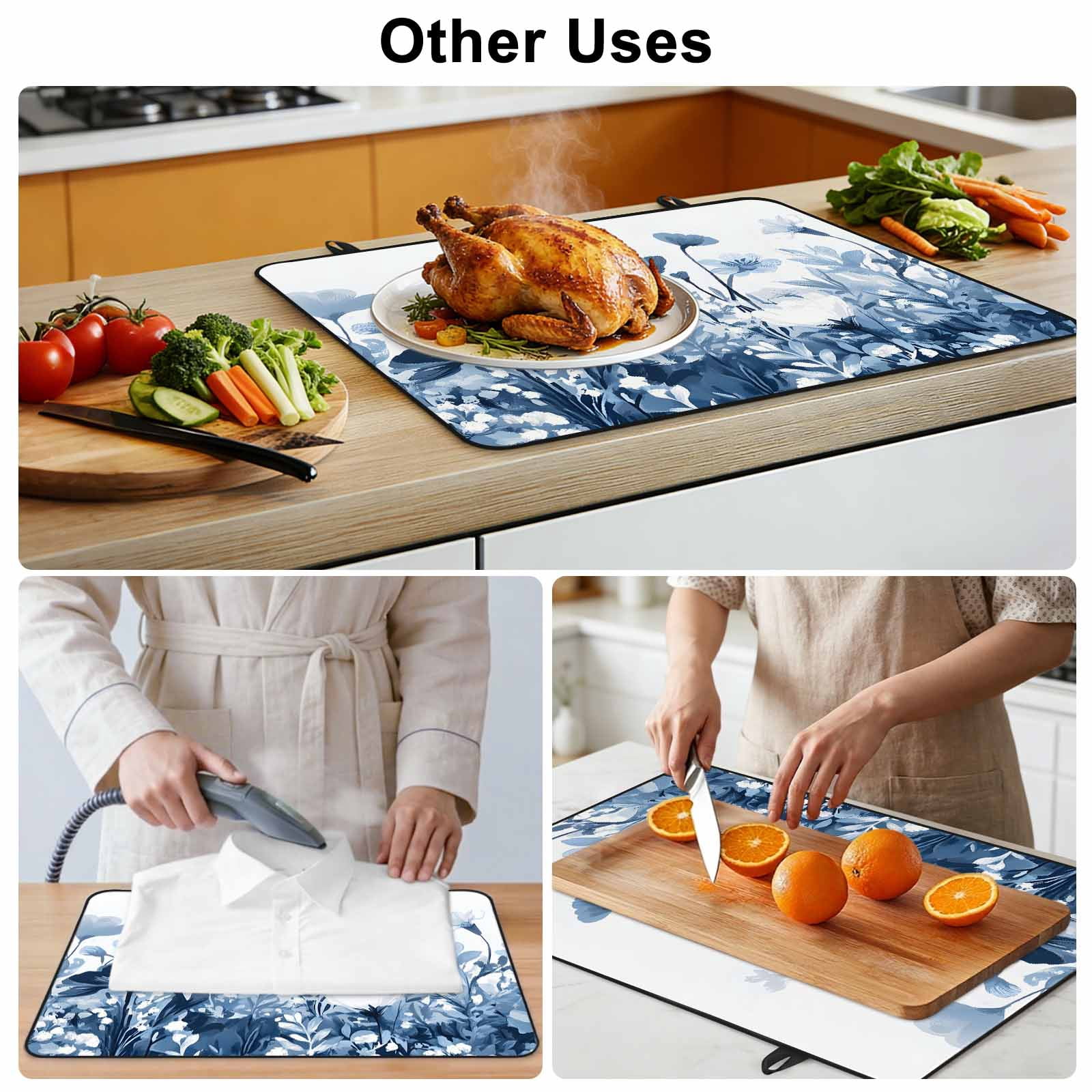 Navy Blue Flowers Stove Top Cover for Electric Stove, Heat-proof & Non Slip Glass Top Stove Cover Protector, Summer Pastoral Botanical Kitchen Flat Cooktop Rubber Mat 24x21 Inches