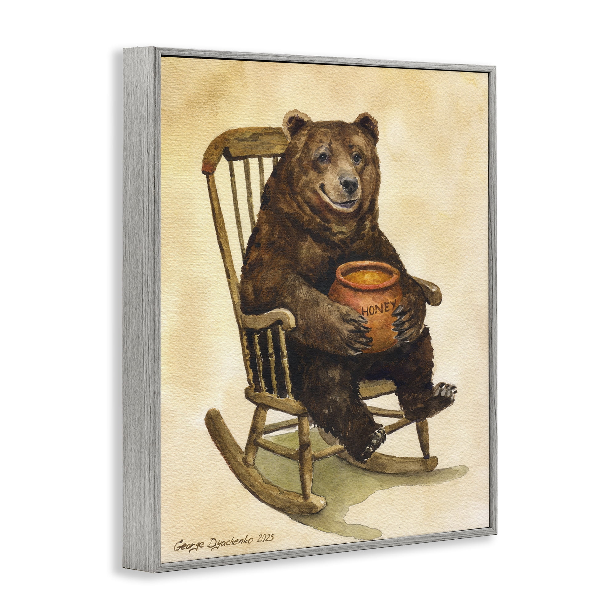 Stupell Industries Happy Bear & Pot of Honey Gray Framed Giclee Art, design by George Dyachenko