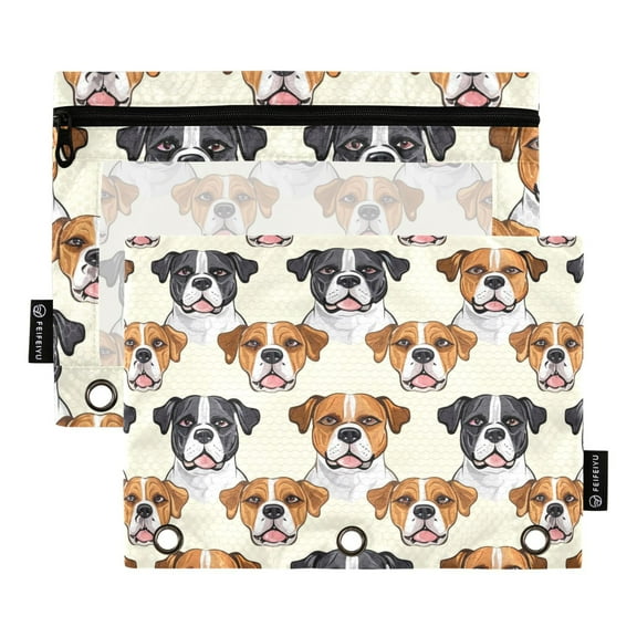 Bulldog Dogs Face 2 Pack Pencil Pouch for 3 Ring Binder Smooth Zipper Folders with Pockets Clear Window Pencil Case