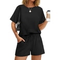 thumbnail image 2 of Two Piece Sets for Women Summer Crew Neck Lounge Short Sets Cap Sleeve Drawstring Sweatsuit with Pocket, 2 of 6