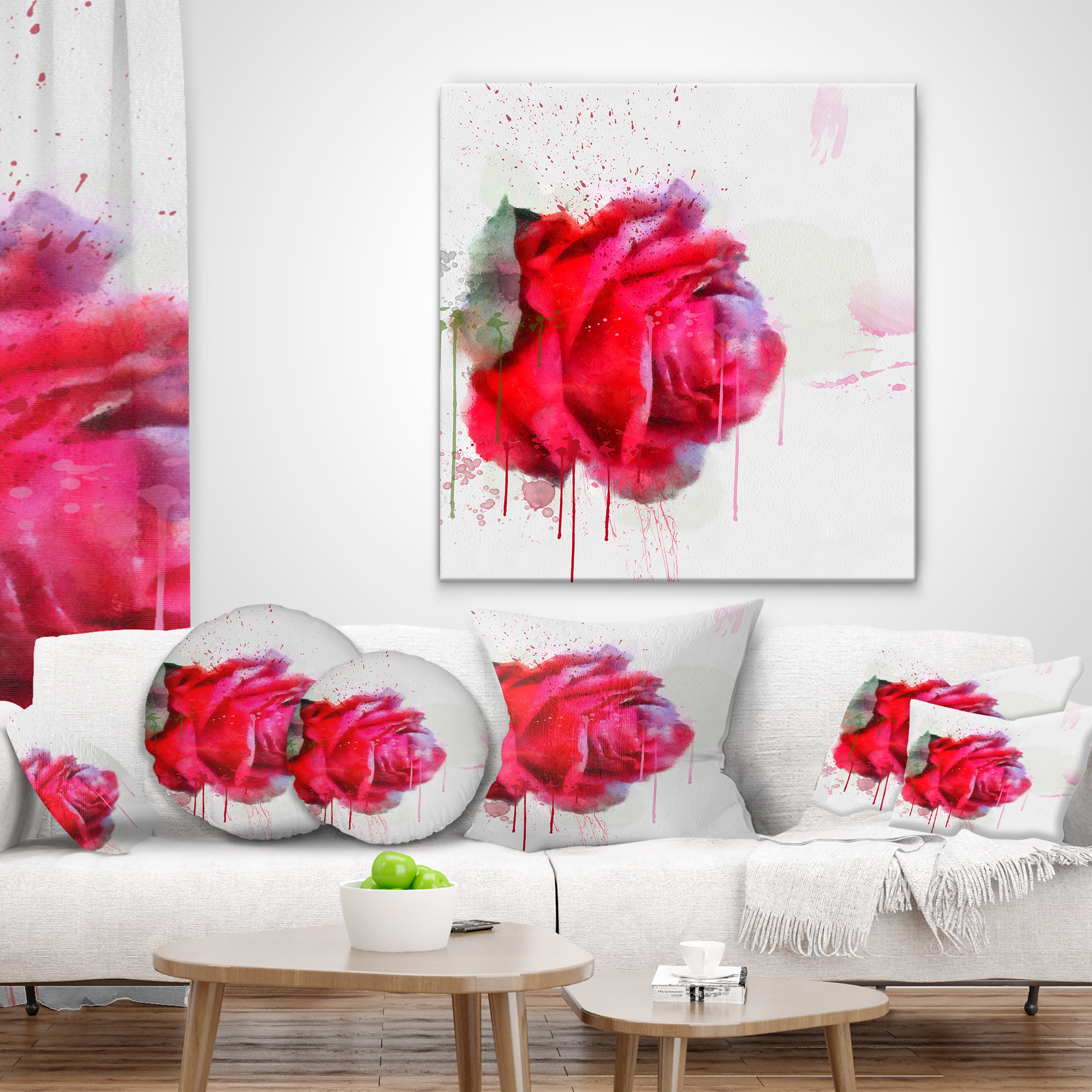 Designart Watercolor Red Rose Illustration - Floral Throw Pillow - 18x18