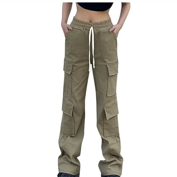 Wdfiry Women's High Waisted Cargo Pants Y2K Streetwear Baggy Stretchy Pants with 6 Pockets Drawstring Trousers