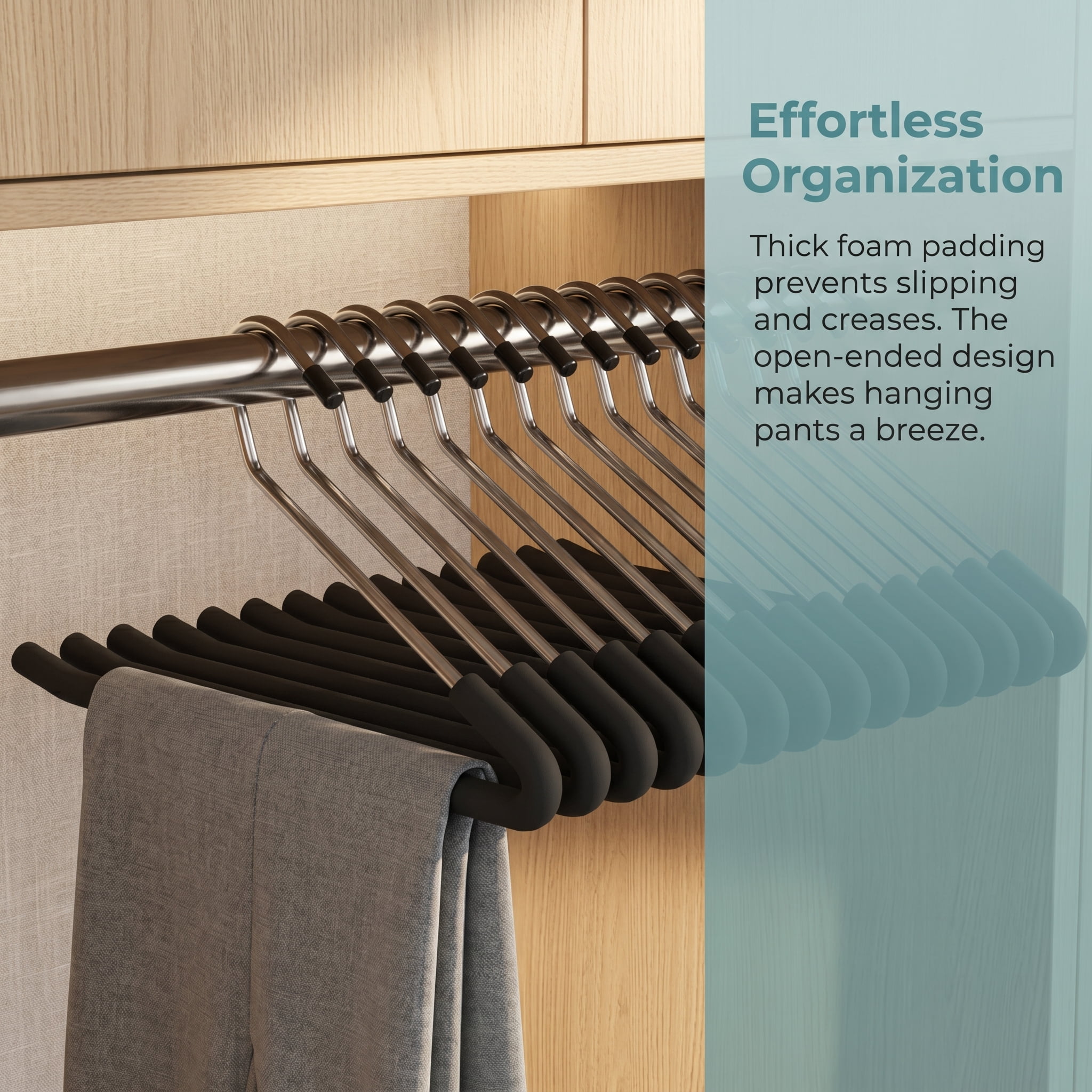 Non-Slip Sponge Padded Pants Hangers, Open-Ended Heavy Duty Metal Clothes Hangers for Jeans & Trousers - 10 Pack, No Crease Design