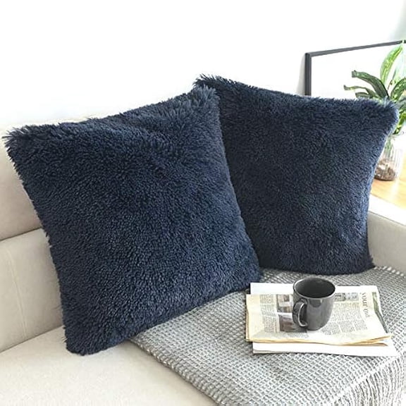 Eryueer Pack of 2 Faux Fur Cushion Covers 45 x 45 cm Luxury Fluffy Decorative Fuzzy Square Throw Pillow Case 18 x 18 for Sofa Decor Navy Blue