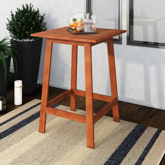 CorLiving Miramar Solid Wood Square Outdoor Slat Topped Pub Table, Brown