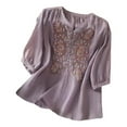 thumbnail image 2 of Embroidered Linen Shirts for Women Elegant V Neck 3/4 Sleeve Boho Tops Casual Peasant Blouses Loose Summer Gauze Shirt Purple XL, 2 of 3