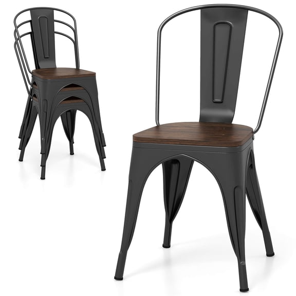 Costway Tolix Style Metal Dining Chairs Set of 4 with Wood Seat & Removable Backrest Black