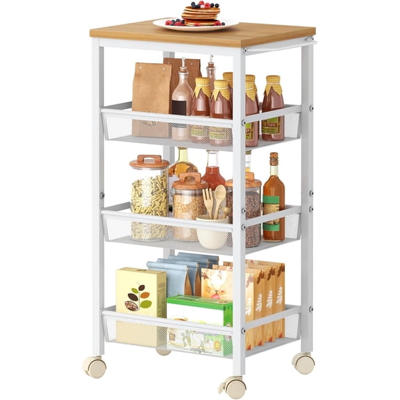 Rolling Storage Cart, 4-Tier 11.8" Wide Rolling Kitchen Storage Cart, Utility Cart with Handle & Wheels, Mobile Shelving Unit, Metal Frame Narrow Cart for Home Kitchen, Laundry, Oak Beige