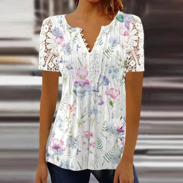 Camiseta de manga corta con cuello en V para mujer, remera Sexy con estampado de flores de retazos de encaje, camisetas holgadas para mujer 2023
