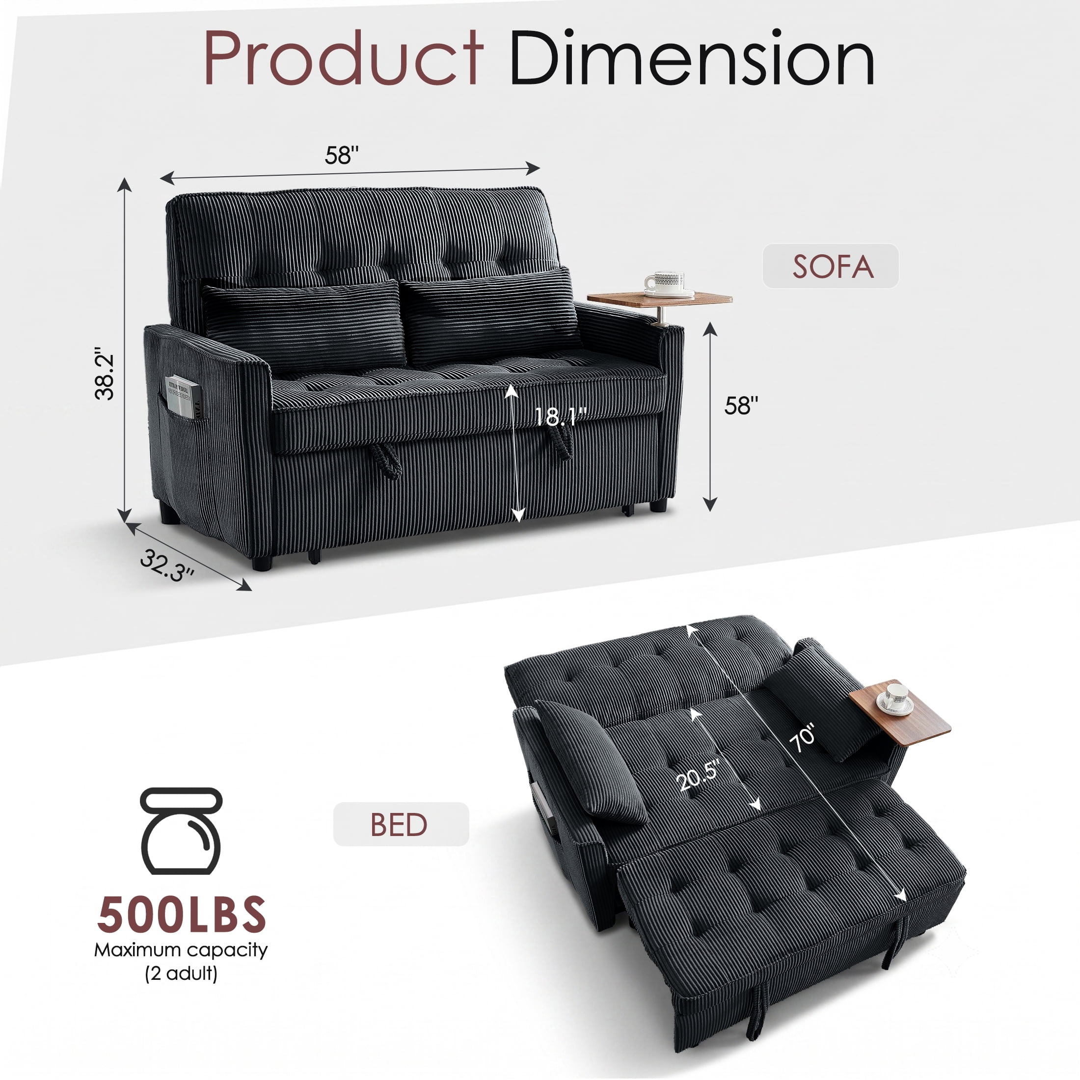 avobird 54'' 3 in 1 Pull Out Sofa Bed, Convertible Couch with Adjustable Backrest/Side Pockets/USB Charging Ports, Sleeper Sofa with small table for Living Room, Black