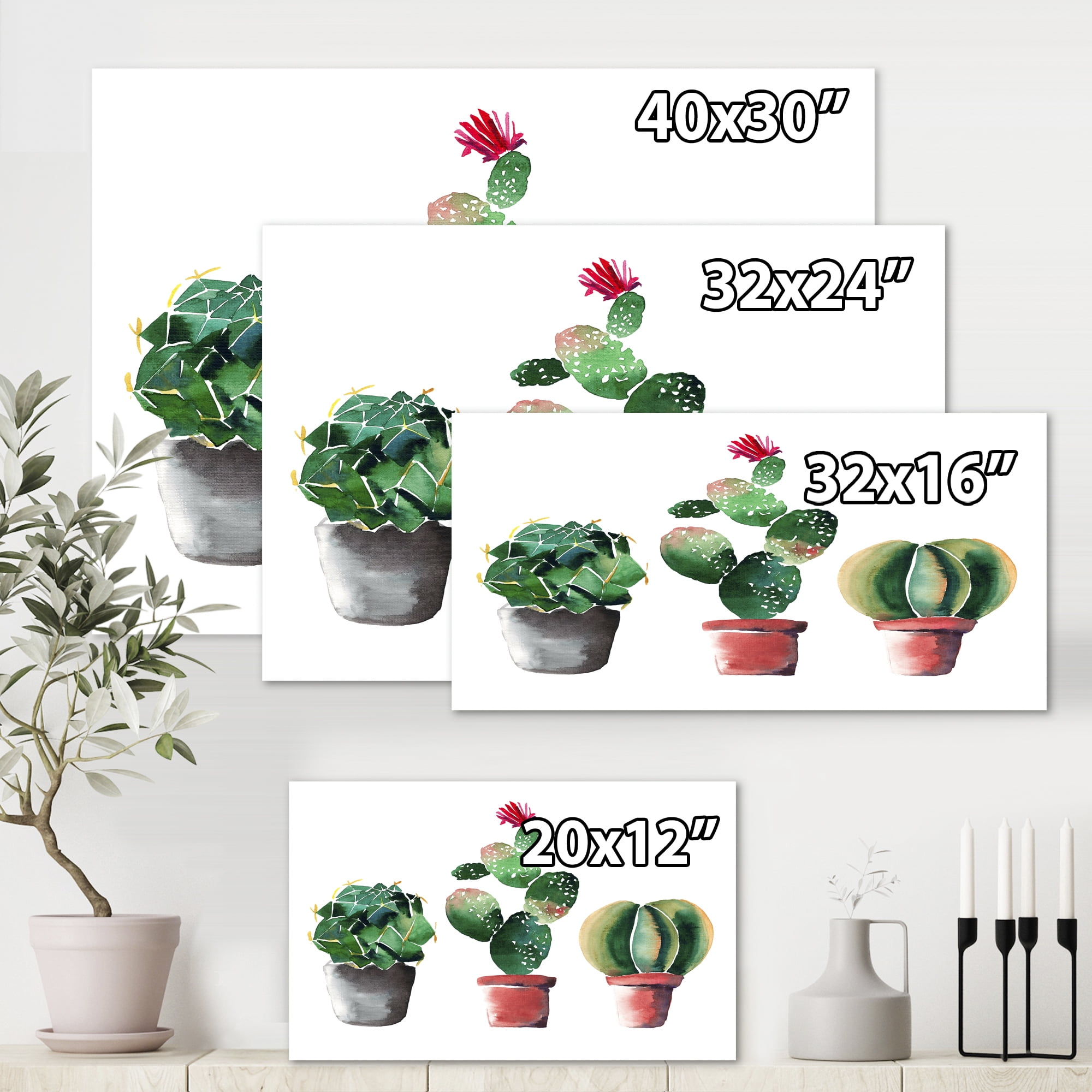 Designart ' Three Cacti In Clay Pots On White ' Traditional Canvas Wall Art Print